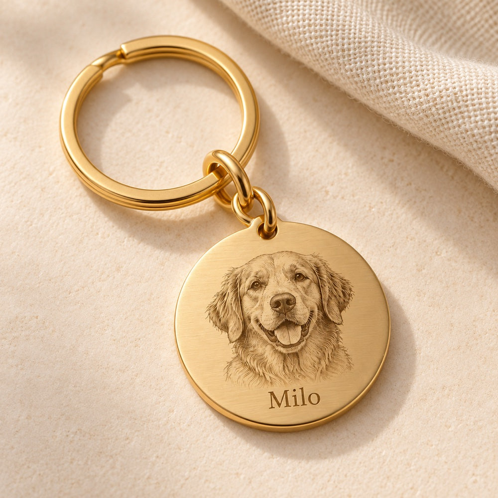 AI concept of a personalized pet portrait keychain with split ring, shown separately from the necklace