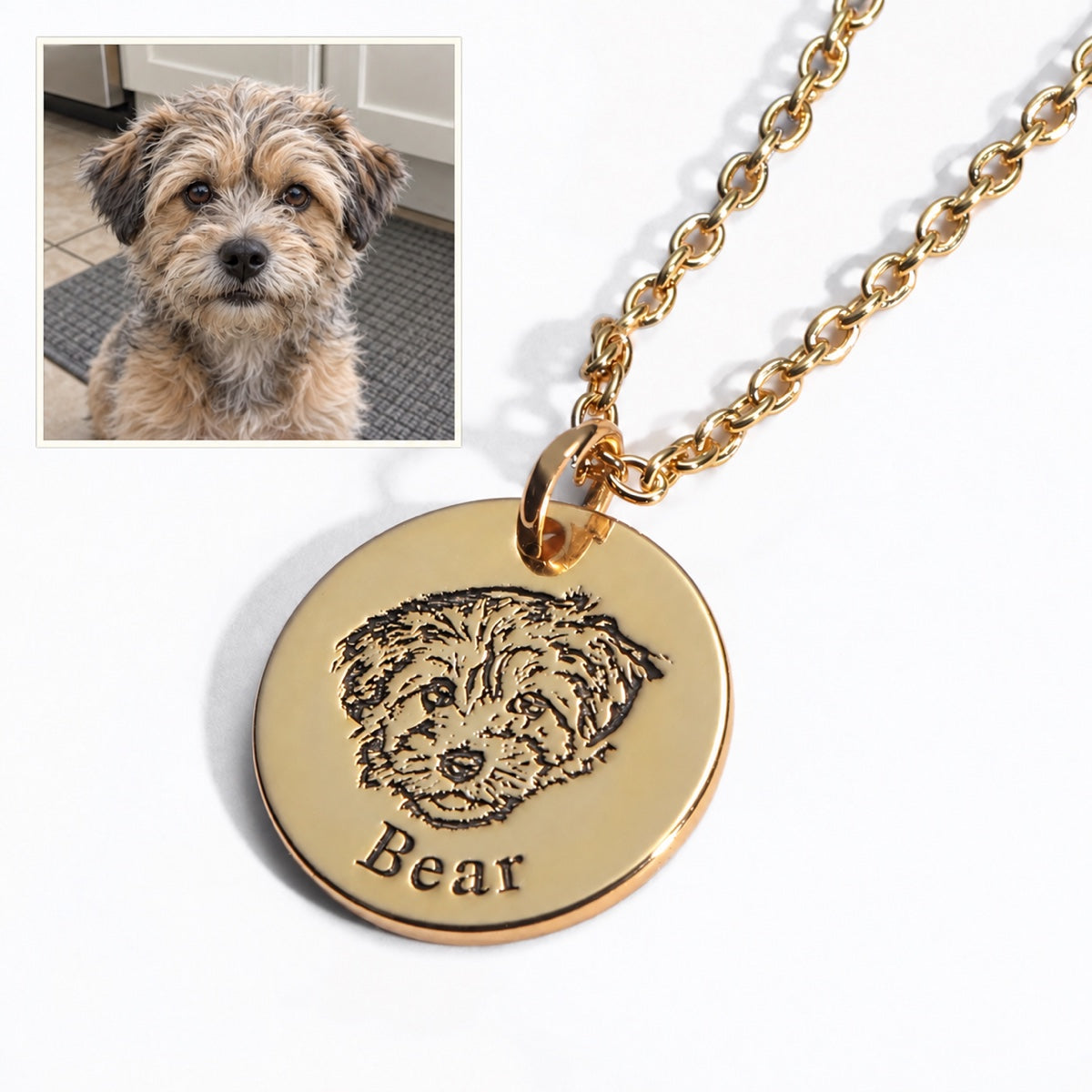 AI example: casual indoor phone snapshot of Bear above a gold engraved portrait necklace. Illustrative pet photo, not the original source photo.