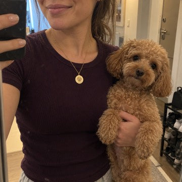 AI concept: An adult wears a gold COCO poodle portrait necklace beside an apricot poodle in a casual mirror snapshot.