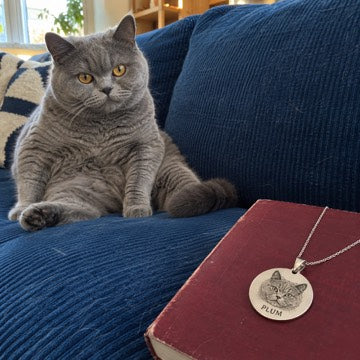 Illustration: A silver PLUM portrait necklace rests on a red book beside a blue-gray British shorthair on a blue sofa.