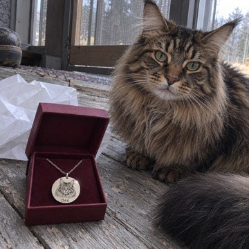 Illustration: A silver necklace engraved OAK sits in a burgundy gift box beside a fluffy Maine Coon on a weathered porch.