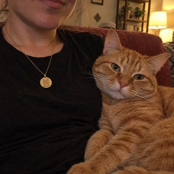 Illustration: An adult wears a gold MANGO engraved cat necklace on a black shirt beside an orange tabby on a red couch.