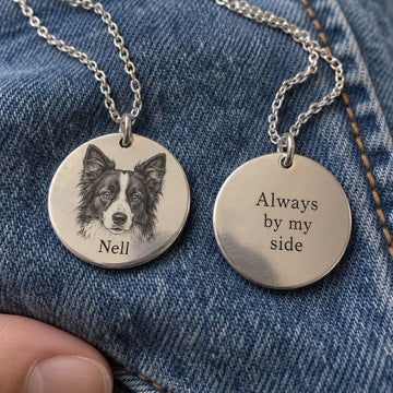 AI concept: two views of one silver Nell necklace, portrait and name on the front, Always by my side on the back.